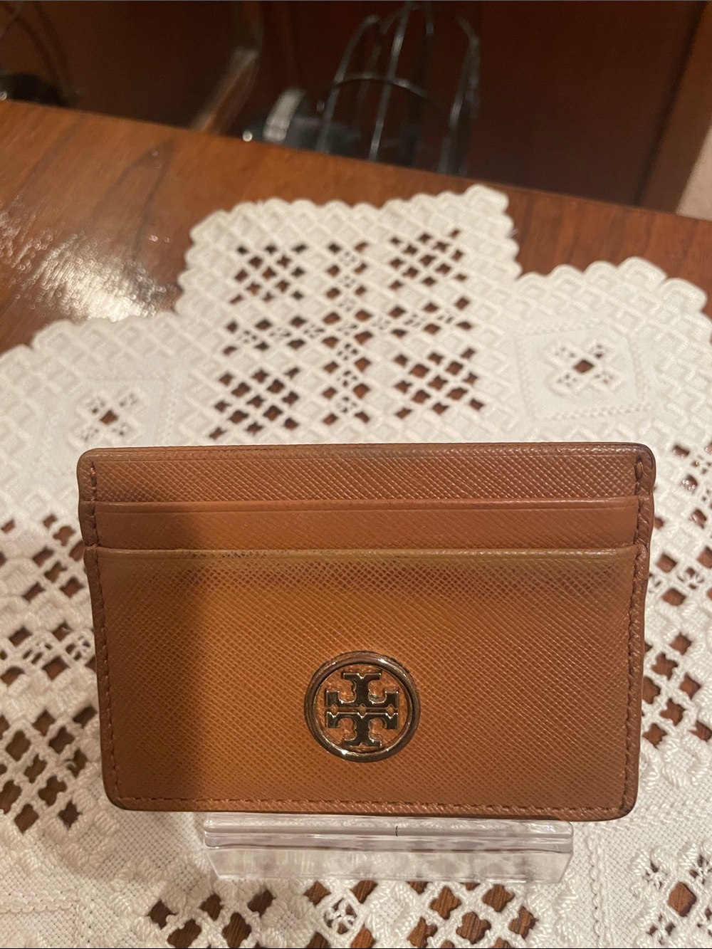 Tory Burch Tan Leather Card Holder with Logo Medallion